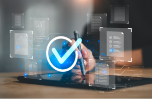 Glowing blue check mark inside a circle, with floating digital documents to show digital verification and approval.
