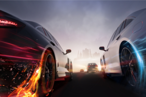 Two high-performance cars race toward the city on a blurred road, with dramatic lighting and motion streaks creating a sense of speed.
