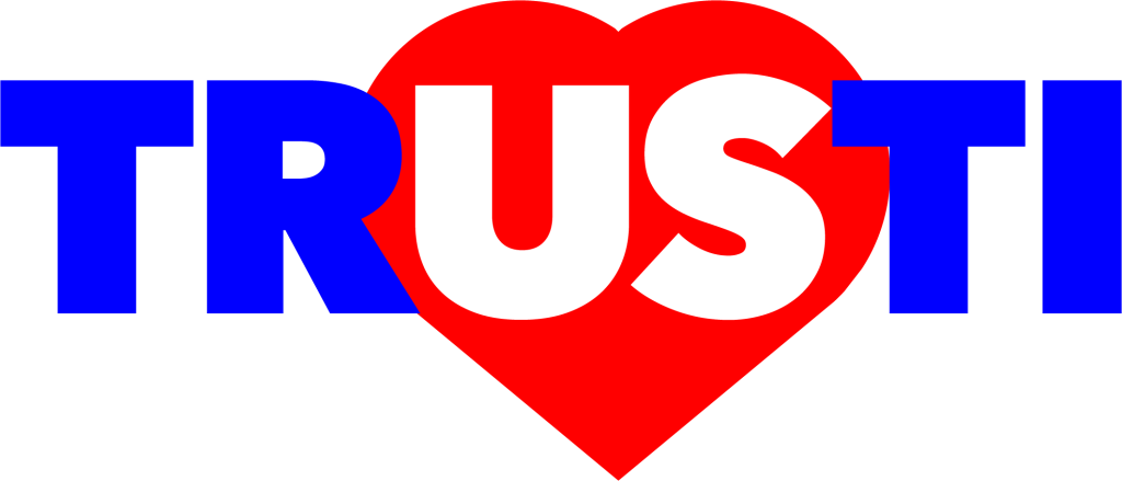 Blue TRUST logo with a red heart in the center, the heart contains white letters 'US'.